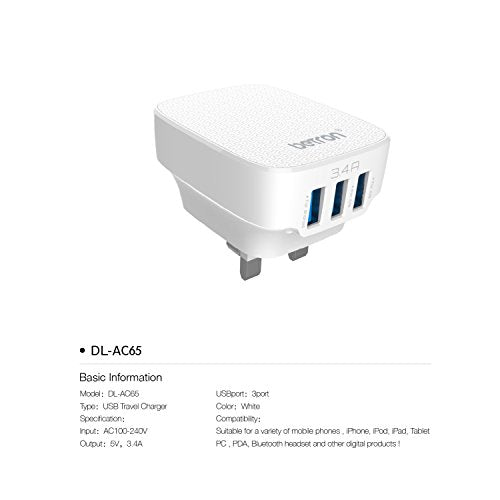 Betron USB Plug Charger Mains Charging Adapter Socket Fast 3 Ports 3.4A for Samsung Galaxy Phone iPhone Sony Xperia
