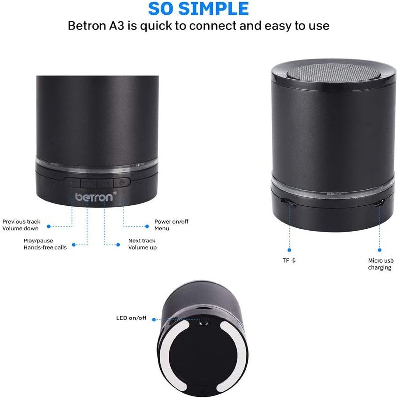 Portable Speaker Betron A3 Bluetooth Wireless Speaker with Built in Microphone iPhone Samsung, Black