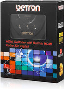 Betron 3 Way Pigtail HDMI Switch Gold Connectors Supports 4K 3D 1080P HD Plug Play Manual